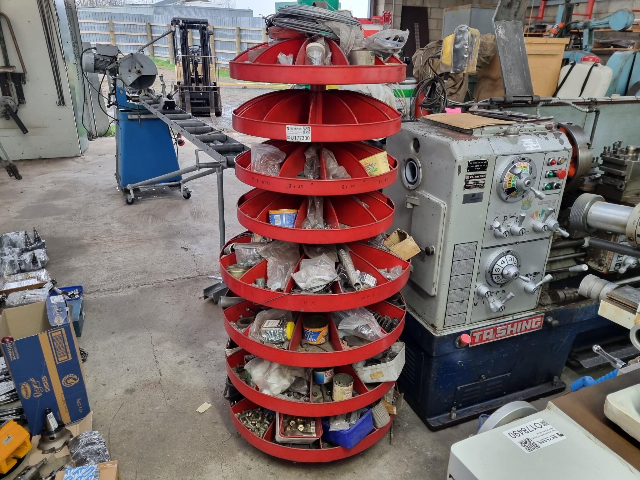 Rotating Parts Bin Shelving Unit w/ Contents