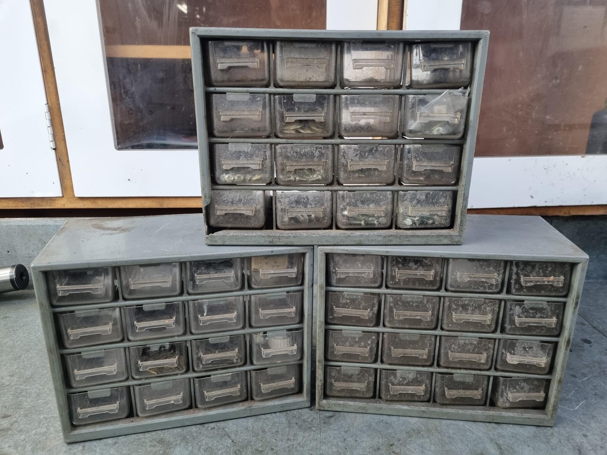 3x Small Parts Drawer Bins w/ Fastening Hardware Contents