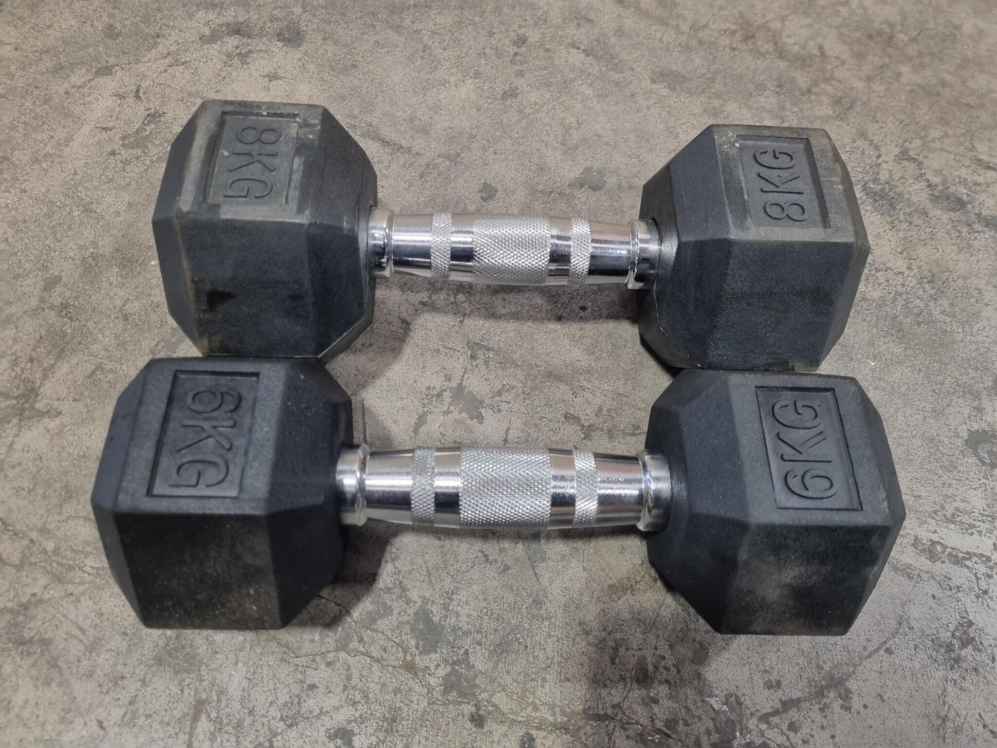 8kg & 6kg Hex Rubber Dumbells by XLR8