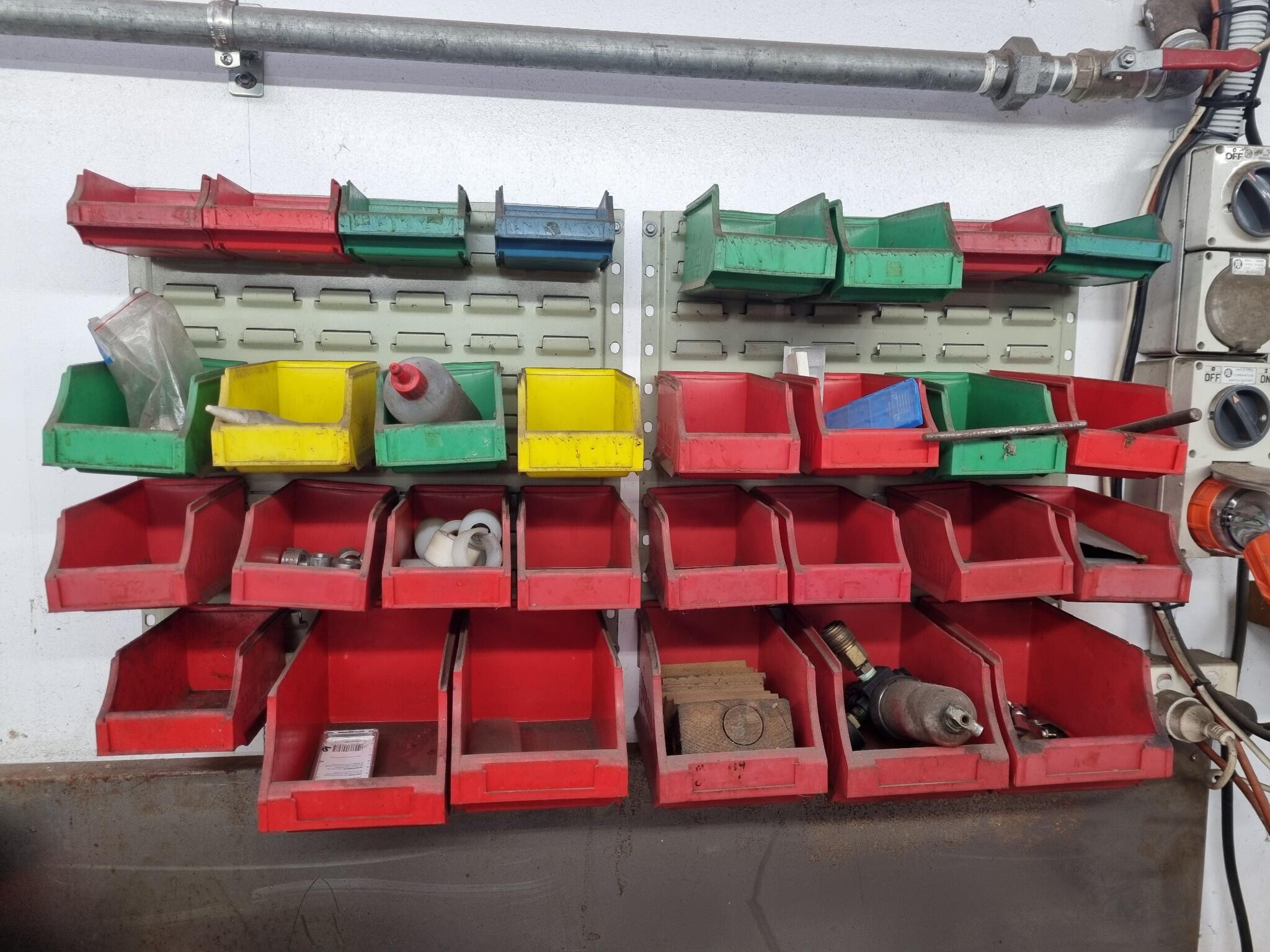 2x Wall mounting Hook Racks w/ Plastic Maxi Bins & Contents