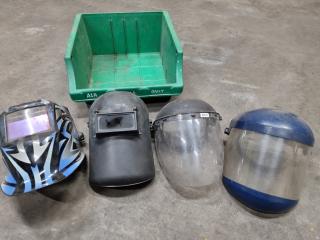 4x Assorted Workshop Welding & Safety Face Screens / Masks + Bin