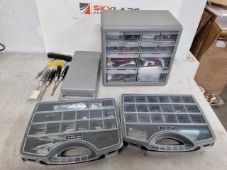 Assorted Electronic Parts Bins + Small Tools