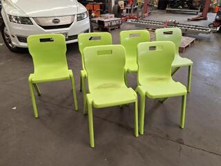 6 Titan Green plastic stacking chairs