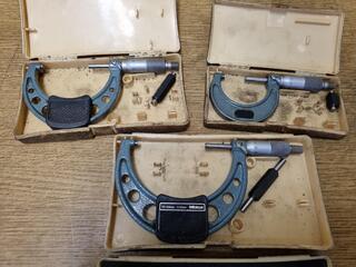 3x Mitutoyo Outside Micrometers, 25-100mm Range