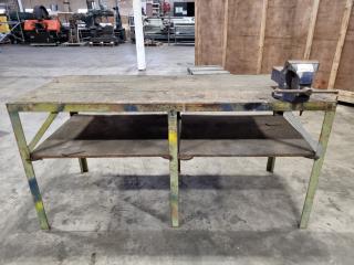 Vintage Heavy Steel & Wood Workbench w/ Vice