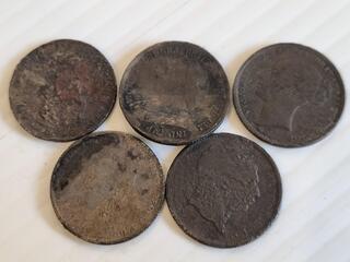5x Antique British One Shilling Silver Coins