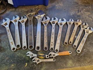 15x Assorted Adjustable Crecent Wrenches