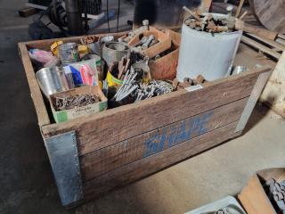 Crate of Vintage Fastening Hardware, Bolts, Screws, Nails & More