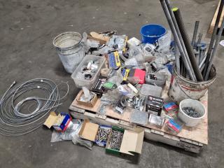 Pallet of Assorted Fastening Hardware, Cabling, Threaded Rod, & More