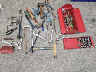 Assorted Hand Tools with Red Metal Toolbox