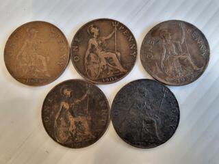 5x Antique British Pennies Circa 1902-1938