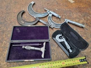 Assorted Vintage Micrometers, Depth Gauge