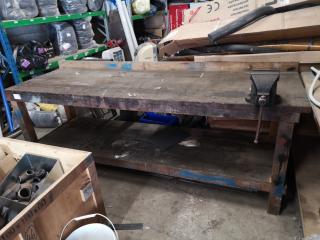 Large Heavy Duty Wooden Workbench w/ Attached Vice