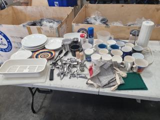 Assorted Kitchen Accesories, Utensils, Cups, Plates, Filters & More