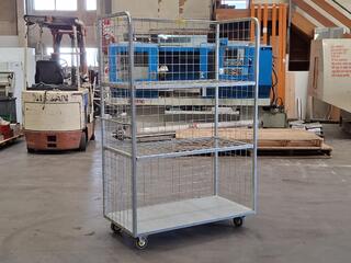Metal mesh shelving trolley on castors