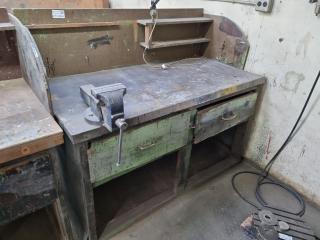 Vintage Steel Topped Wooden Workbench w/ Vice