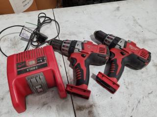 2x Milwaukee 18V Hammer Drill Drivers w/ Battery Charger