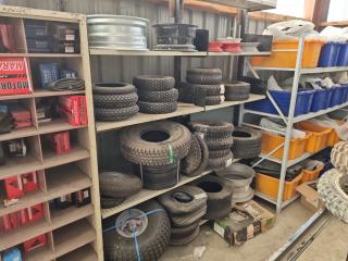 Assorted Trailer, Implement Tyres, Wheels, w/ Storage Rack