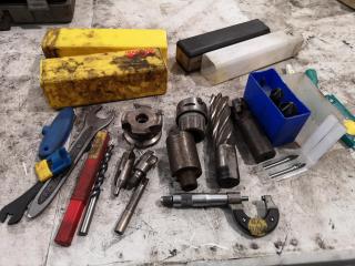 Assorted Lot Mill Cutters, Attachments, Bits, Micrometer & More