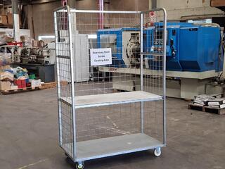 Metal mesh shelving trolley on castors