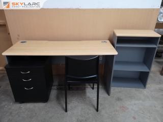 Office Workstation Desk w/ Chair, Bookshelf & Mobile Drawer Unit