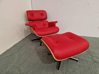 Eames Style Lounge Chair & Ottoman - Full Leather (Red)