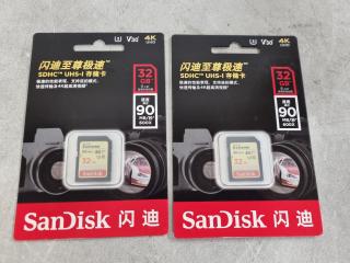 2x Sandisk 32Gb SDHC UHS-1 SD Cards, New