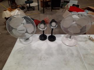 2 x Desk Fans and 2 x Desk Lamps