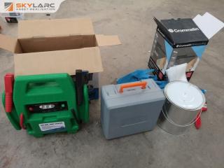 Assorted Hardware Items, Case, Battery Jump Starter, Shower Kit