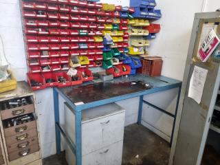 Steel Workbench, Rack of Bins and Contents