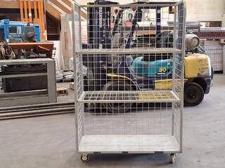 Metal mesh shelving trolley on castors