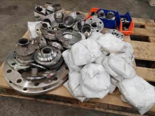 Pallet of Assorted Stainless Steel Pipe Fittings, Rings, & More