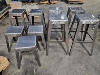 9x Brushed Steel Stools, Varying Heights