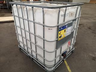 1000L Industrial Plastic Tank in Cage, Top cut off