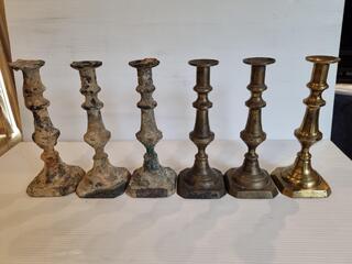 6x Antique Brass Candle Holders in various stages of restoration