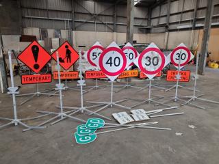 Assorted Portable Road Works Safety Signage & Stands