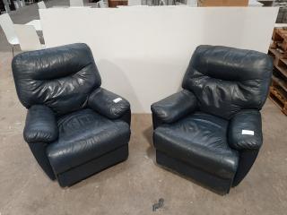 2 x Grey/Blue Leather Sofa Recliner Chairs