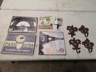 4x Assorted Vintage Styled Metal Wall Signs & 5x Wall Hangers