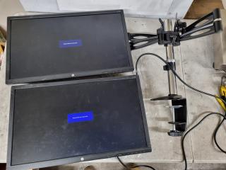 2x HP 24" LED Monitors w/ Dual Monitor Desk Mount Stand