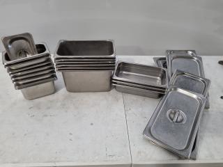 Assorted Stainless Steel Bins & Lids, Various Sizes