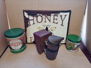 Vintage Honey Signage, Containers and Bee Bellow Smoker