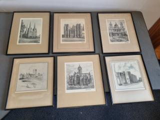 6x Vintage Ink & Water Colour Framed Drawings