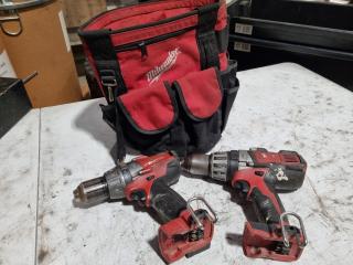 2x Milwaukee 18V Cordless Hammer Drill Drivers w/ Toolbag