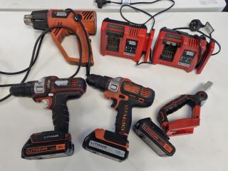 Black & Decker Cordless Drills, Light, Charger, & Corded Heat Gun