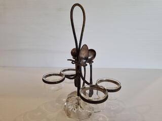 Antique Egg Cruet Set w/ Silver Spoons