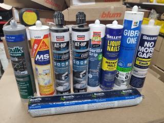 Assorted Tubes of Caulks, Sealants, Adhesives