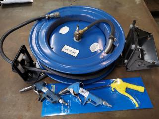 Marquip Wall Mounted Retractable Air Hose Reel w/ Hose & 3x Blow Guns