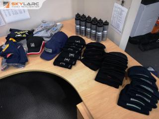 Lot of Business Branded Knit Hats, Baseball Caps, Water Bottles, T-shirts