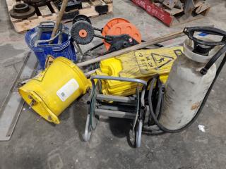 Assorted Workshop Wet Floor Signs, Cleaning Mops, Hose Reels, & More