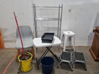 Assorted Sheving, Stools, Mop, Stool, & More